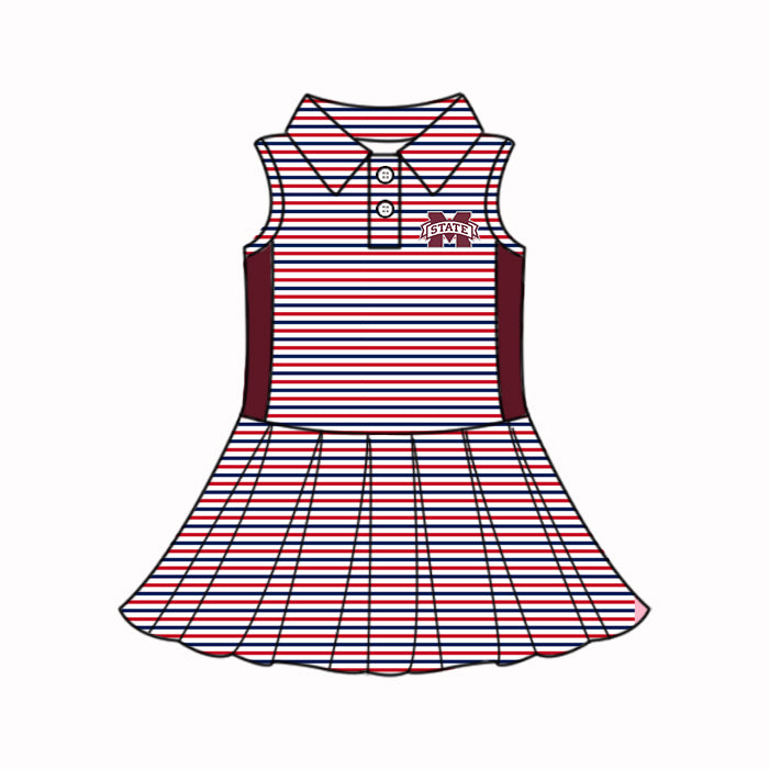 Preorder (moq 5)Baby Girls Sleeveless Dark Red Stripes State M Button Knee Length Dresses