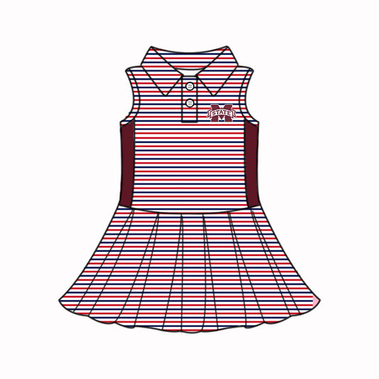 Preorder (moq 5)Baby Girls Sleeveless Dark Red Stripes State M Button Knee Length Dresses