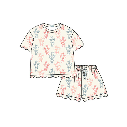 Preorder (moq 5)Baby Girls Colorful Bows Plaid Top Scallop Shorts Clothes Sets