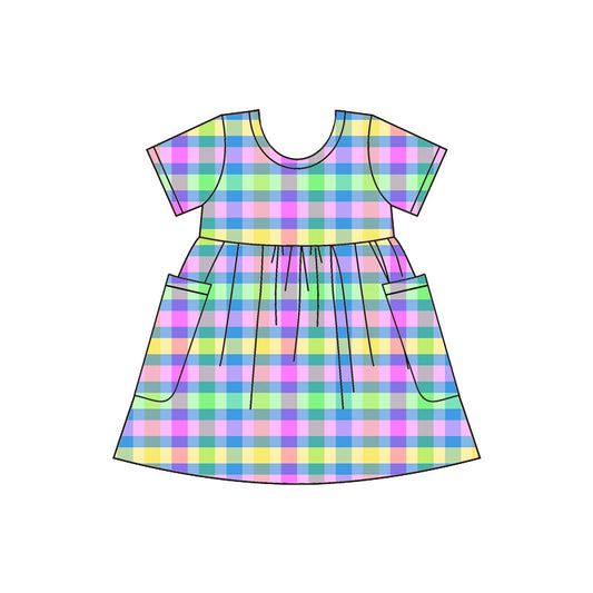 Preorder (moq 5)Baby Girls Short Sleeve Colorful Checked Pockets Knee Length Dresses