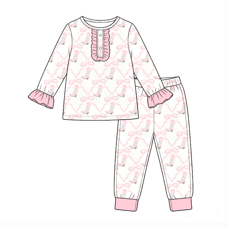 Pre-order(moq5) Girls Clothes High-Quality Cute Print Ruffle Long Sleeve 2 Piece Pajama Set