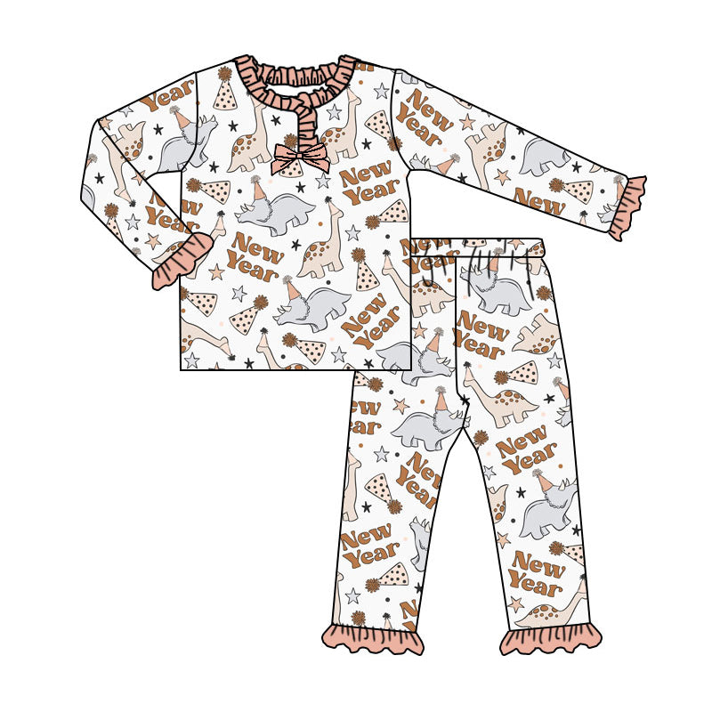 Preorder (moq 20)Baby Girls Bamboo Stars Dinosaurs Happy New Year Pajamas Sets
