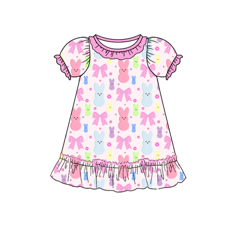 Preorder (moq 5)Baby Girls Colorful Flowers Rabbits Easter Ruffle Knee Length Dresses