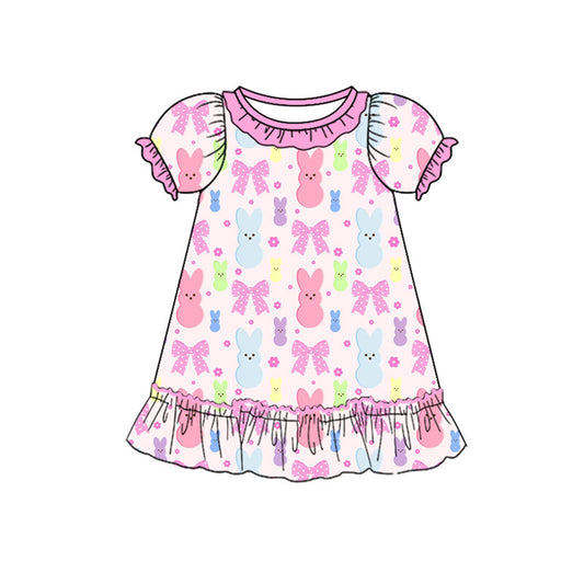 Preorder (moq 5)Baby Girls Colorful Flowers Rabbits Easter Ruffle Knee Length Dresses