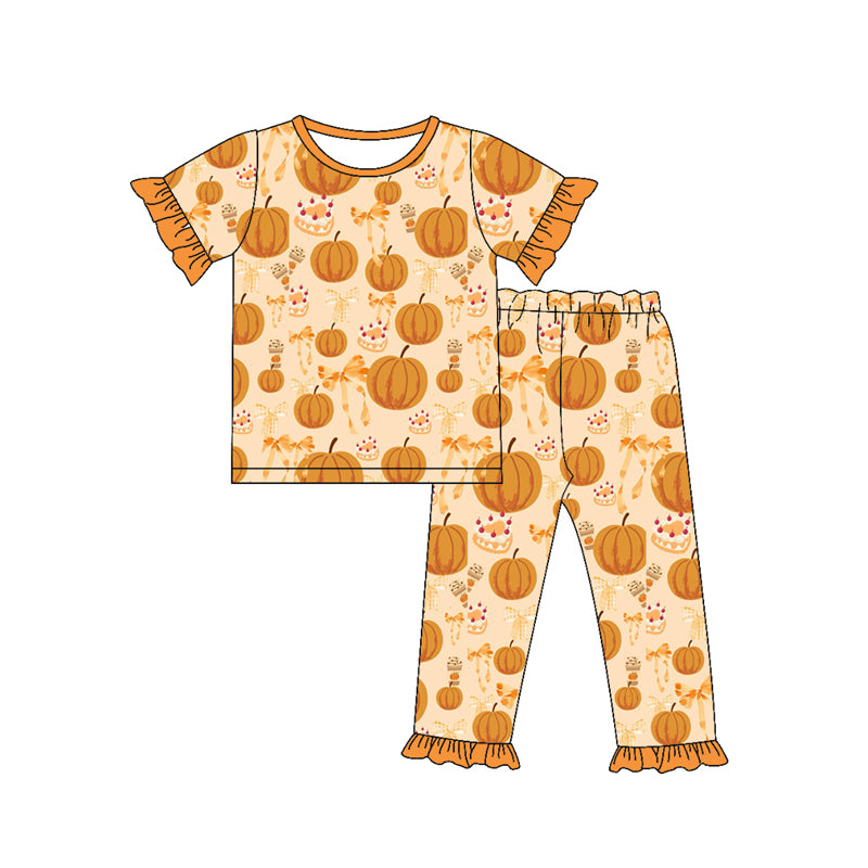 preorder(MOQ 5)Baby Girls Orange Short Ruffle Sleeves Pumpkins Plaid Top Pants Pajamas Set