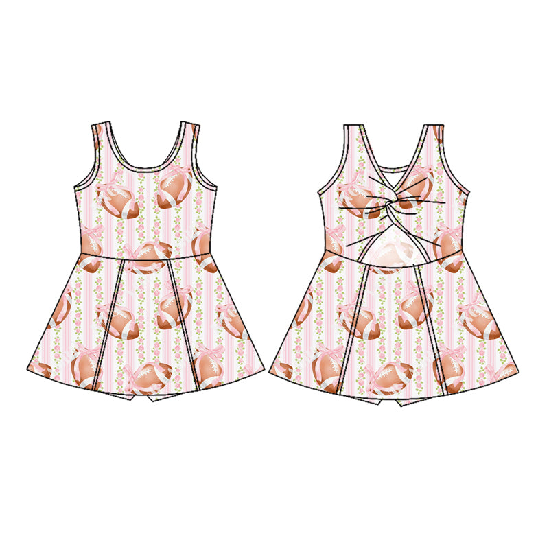 Preorder (moq 5)Baby Girls Pink Sleeveless Floral Footballs Stripe Skorts Knee Length Dresses