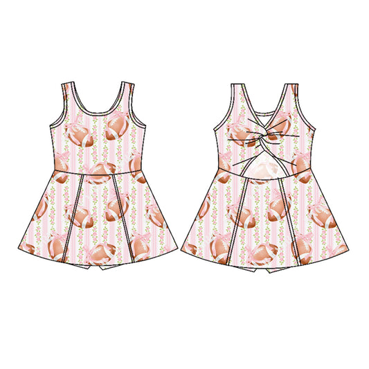 Preorder (moq 5)Baby Girls Pink Sleeveless Floral Footballs Stripe Skorts Knee Length Dresses