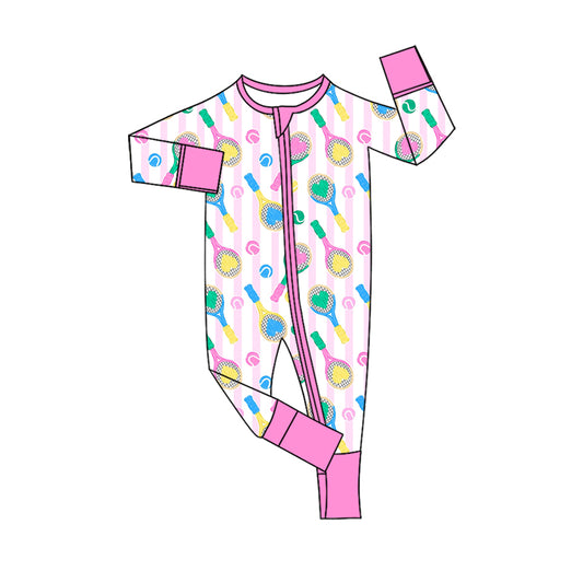 Preorder (moq 20)Baby Girls Bamboo Pink Stripe Hearts Tennis Zipper Footie Rompers