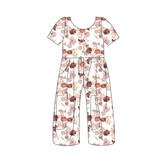 Preorder (moq 5)Baby Girls Short Sleeve Colorful Flowers Pockets Pants Jumpsuits