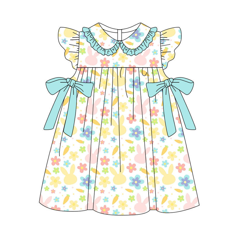 Preorder(moq 5) Baby Girls Flutter Sleeve Colorful Rabbits Flowers Bows Easter Knee Length Dresses