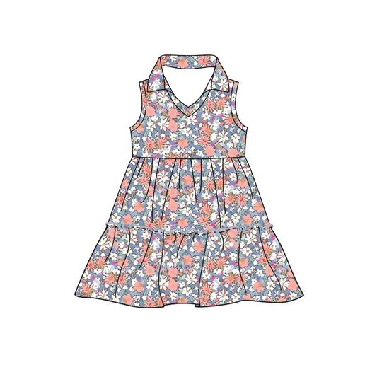 Preorder (moq 5)Baby Girls Sleeveless Colorful Floral Patchwork Knee Length Dresses