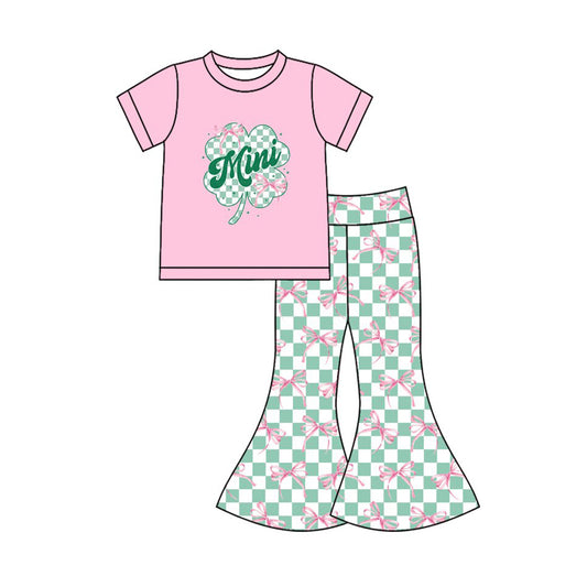 Preorder(moq 8)Baby Girls Clovers Bows Mini Top Bell Bottom Pants St Patrick Clothes Sets