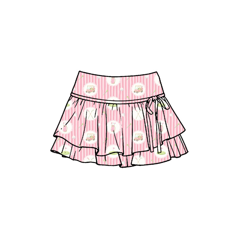 Preorder (moq 5)Baby Girls Pink Stripe Golf Trucks Double Ruffle Skirt Shorts Bottom