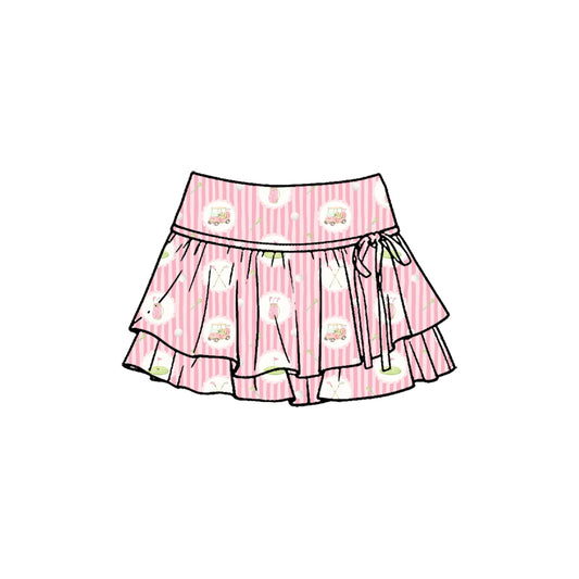 Preorder (moq 5)Baby Girls Pink Stripe Golf Trucks Double Ruffle Skirt Shorts Bottom