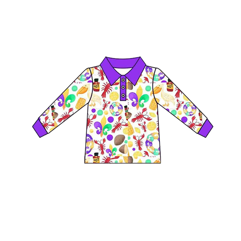 Preorder (moq 5) Baby Boy Clothes Mardi Gras Crawfish Seafood Print Long Sleeve Polo Shirt