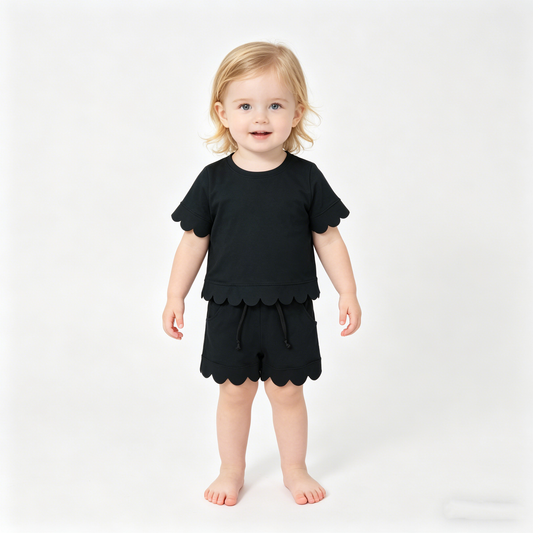 Baby Girls Black Short Sleeve Top Pockets Shorts Cotton Scallop Clothes Sets