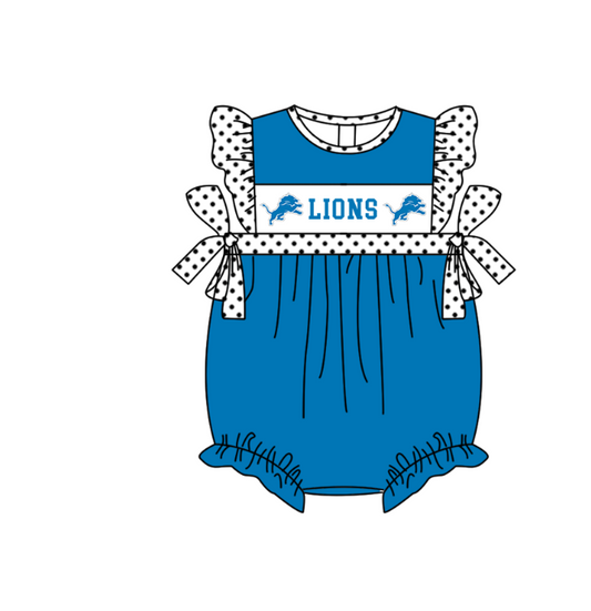 Preorder (moq 5)Baby Girls Polka Dots Flutter Sleeve Lions Team Ruffle Rompers