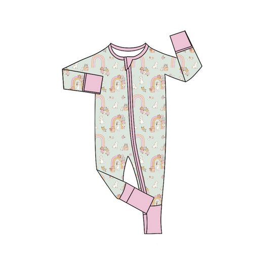 Preorder (moq 5)Baby Girls Rainbows Rabbits Easter Two Way Zip Convertible Rompers