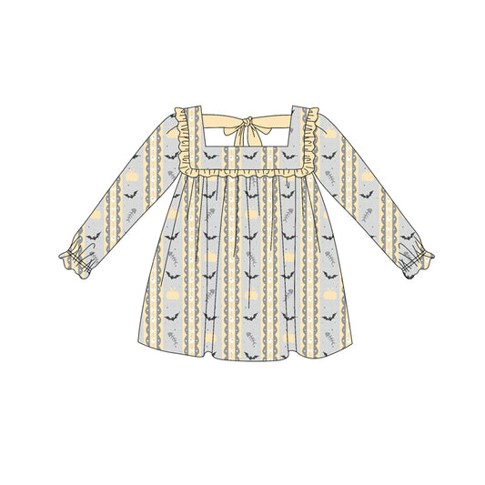 Preorder (moq 5)Baby Girls Long Ruffle Sleeves Yellow Pumpkins Bats Knee Length Dresses