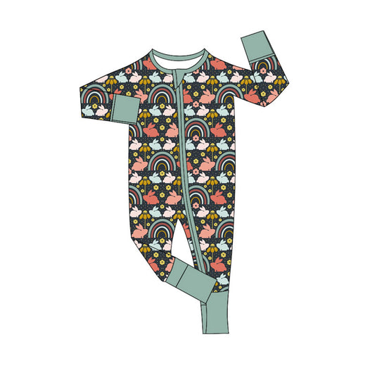 Preorder (moq 5)Baby Girls Rabbits Flowers Easter Zipper Footie Rompers