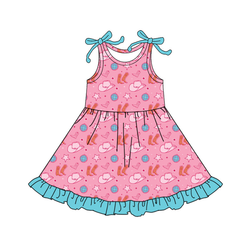 Preorder (moq 5)Baby Girls Bows Sleeveless Boots Hats Western Ruffle Knee Length Dresses