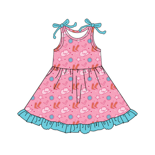 Preorder (moq 5)Baby Girls Bows Sleeveless Boots Hats Western Ruffle Knee Length Dresses