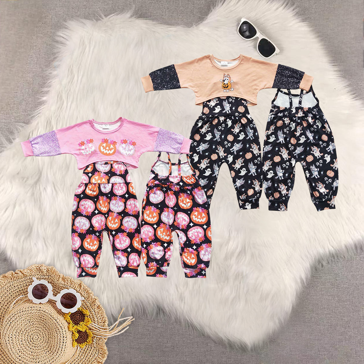 Sibling Baby Girls Halloween Dogs Ghost Pumpkins Top Jumpsuits 2pcs Clothes Sets