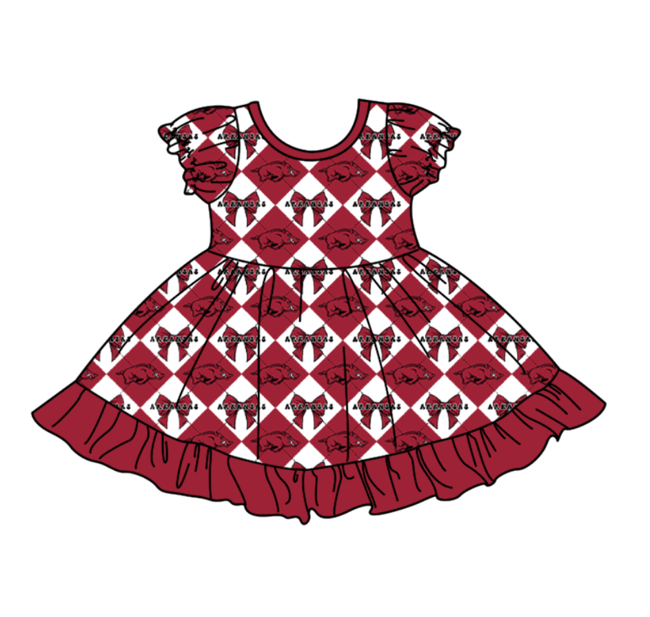 Preorder moq 5 Baby Girls Short Sleeve Red Bulls Bows Team Ruffle Knee Length Dresses