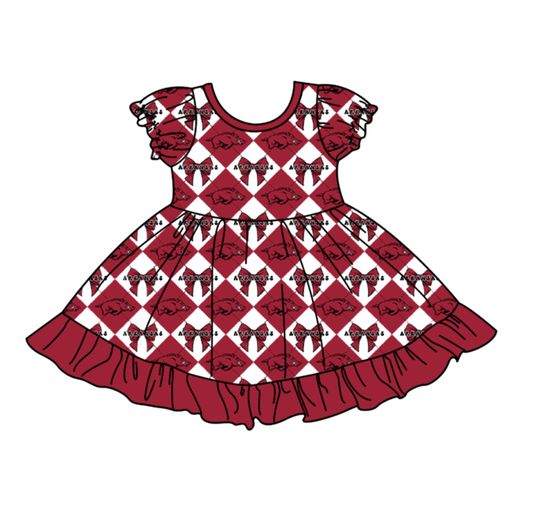 Preorder moq 5 Baby Girls Short Sleeve Red Bulls Bows Team Ruffle Knee Length Dresses