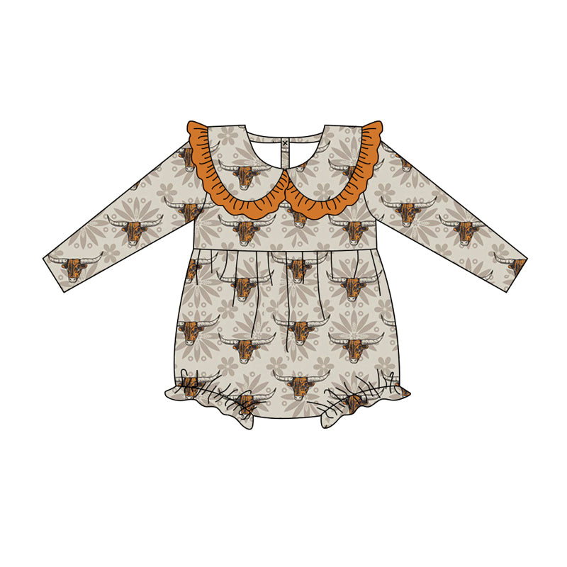 Preorder (moq 5)Baby Girls Gray Long Sleeves Flower Bull Skulls Plaid Ruffle Romper