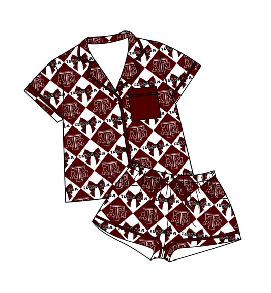 Preorder (moq 5)Baby Girls Team Bows Checked Button Pocket Top Shorts Pajamas Sets