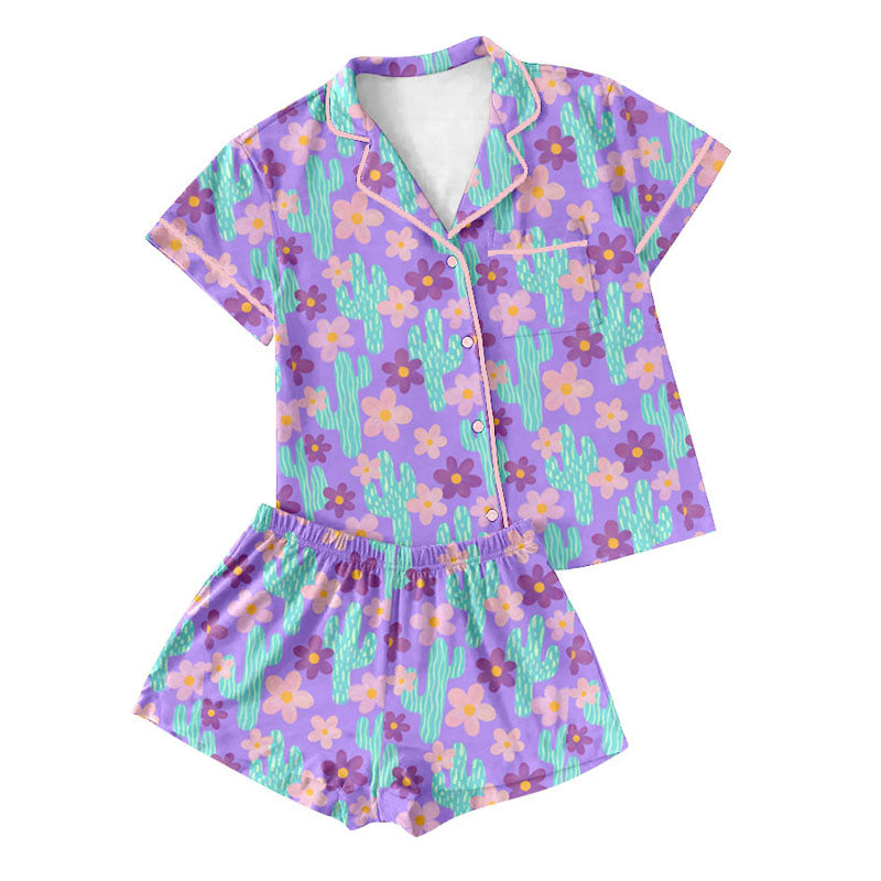 Preorder moq 5 Adult Women Flowers Cactus Button Pockets Top Shorts Western Pajamas Sets