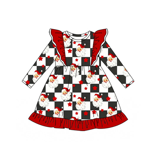 Preorder (moq 5)Baby Girls Black Checked Santa Stars Christmas Ruffle Knee Length Dress