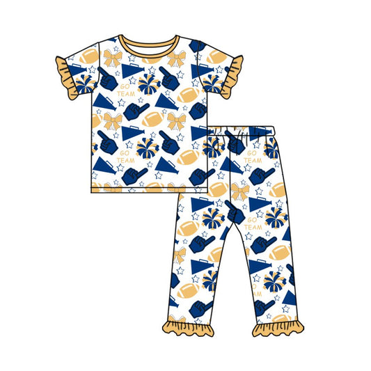Preorder(moq 8)Baby Girls Gold Blue Bows Footballs Top Ruffle Pants Team Pajamas Sets
