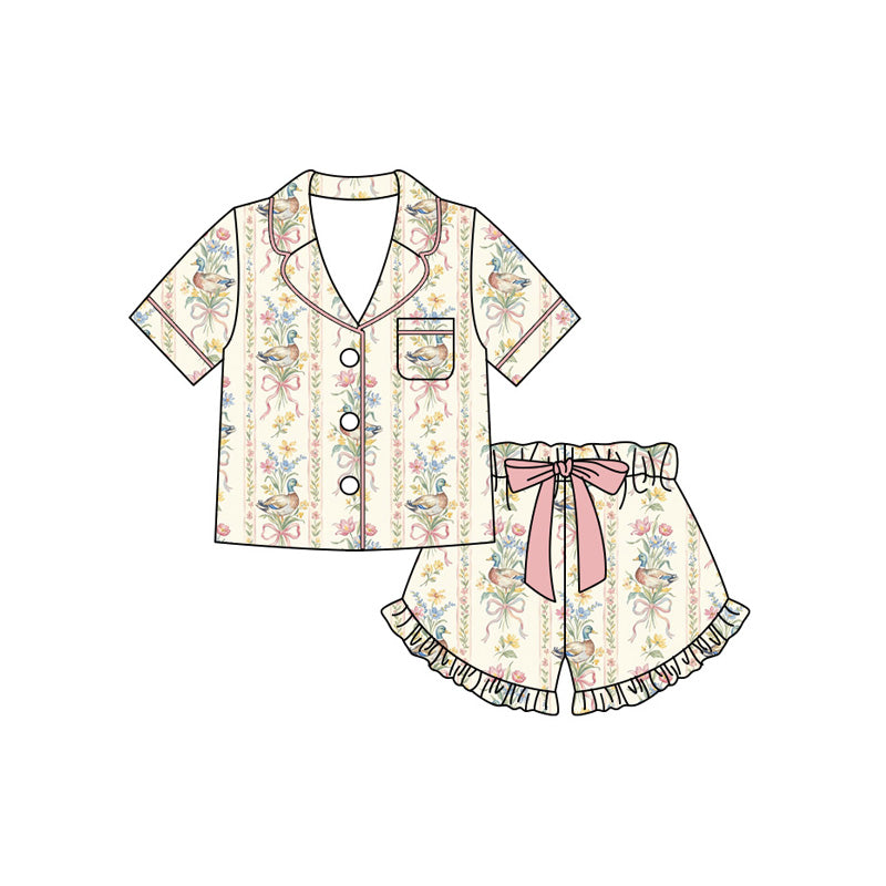 Preorder (moq 5)Baby Girls Bow Flower Ducks Pocket Button Top Ruffle Short Hunting Pajamas Sets