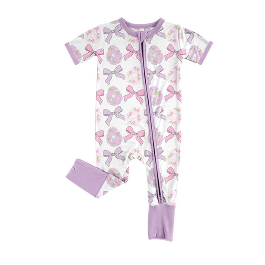 Preorder (moq 8)Baby Girls Bows Flowers Eggs Easter Zipper Footie Rompers