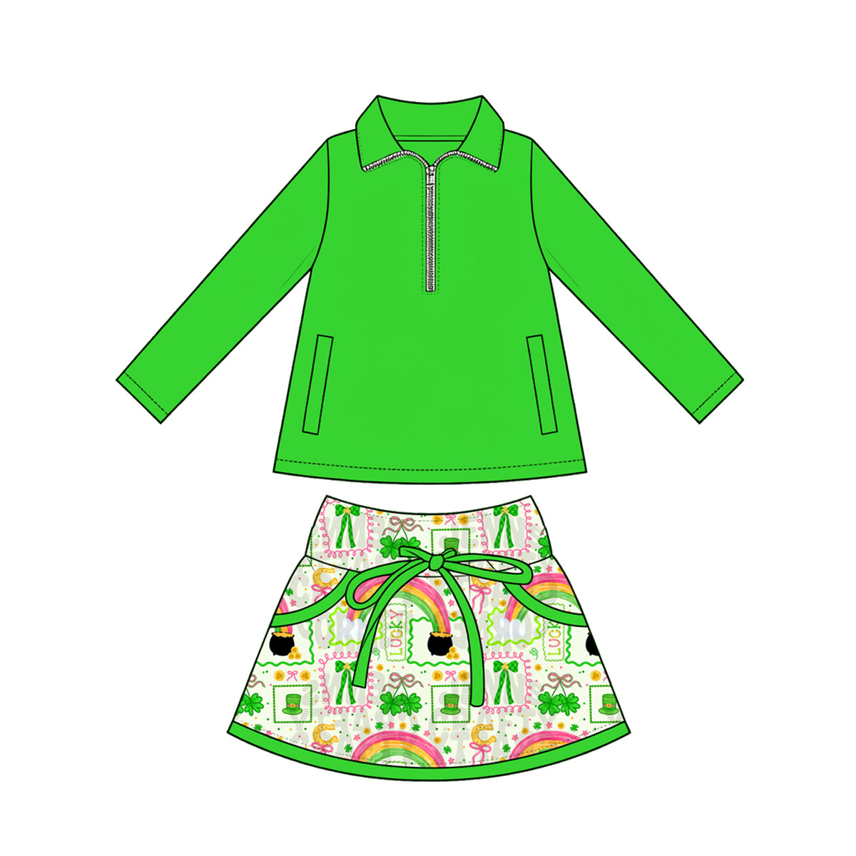 Preorder (moq 5) Baby Girl Clothes St Patrick Leprechaun Rainbow Gold Coin Print Green Long Sleeve Half Zip Top Bow Skirt Set