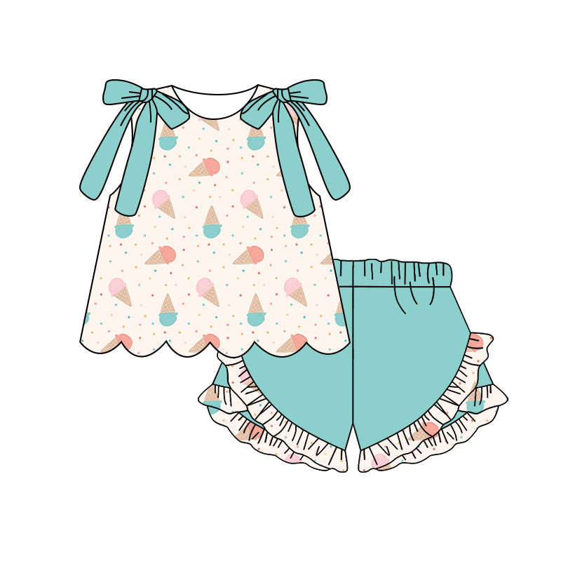 Preorder (moq 5)Baby Girls Sleeveless Ice Creams Polka Dots Tunic Ruffle Short Clothes Sets