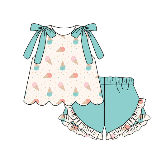 Preorder (moq 5)Baby Girls Sleeveless Ice Creams Polka Dots Tunic Ruffle Short Clothes Sets
