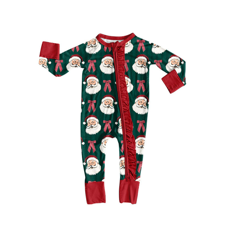 Preorder (moq 5) Baby Girls Bows Santa Christmas Two Way Ruffle Zip Convertible Rompers