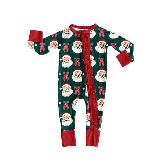 Preorder (moq 5) Baby Girls Bows Santa Christmas Two Way Ruffle Zip Convertible Rompers