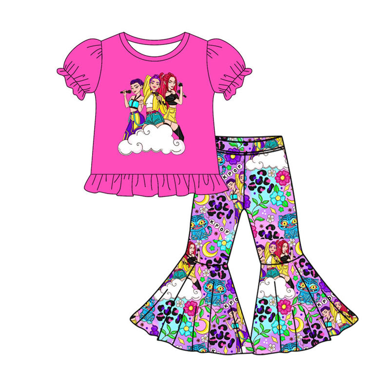 Preorder(moq 5) Baby Girls Cartoon Girls Leopard Ruffle Top Bell Bottom Pants Clothes Sets