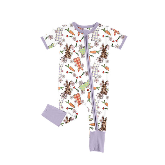 Preorder(moq 8)Baby Girls Rabbits Carrots Flowers Easter Zipper Footie Rompers