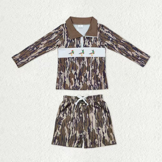 Baby Boys Olive Camo Embroidery Hat Ducks Zip Pullover Pockets Shorts Hunting Clothes Sets