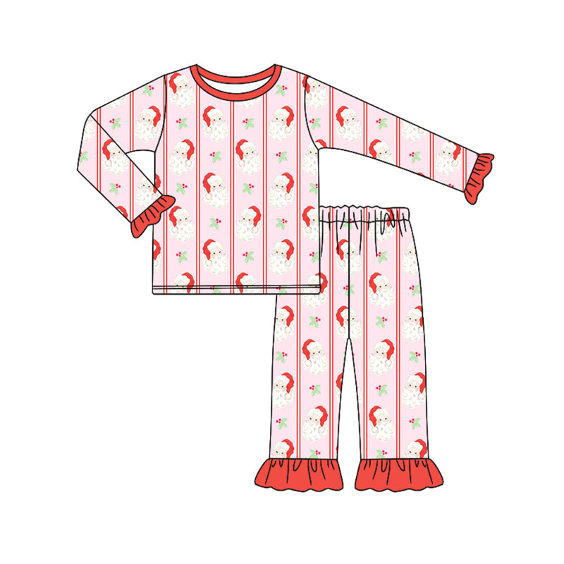 Preorder (moq 5)Baby Girls Red Long Ruffle Sleeves Santa Holly Stripe Top Pant Pajamas Sets