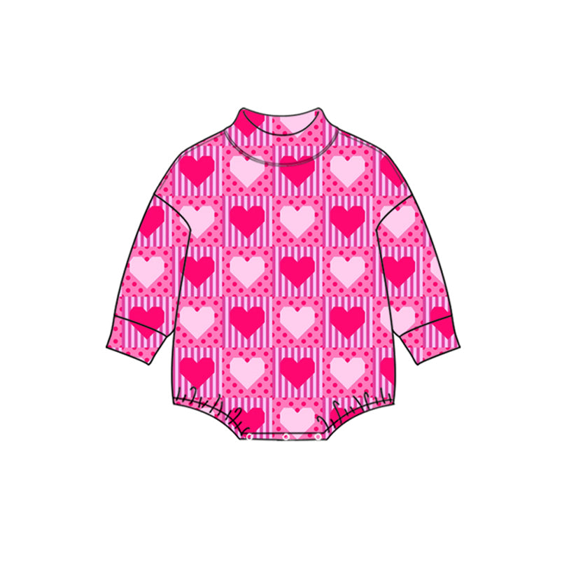 Preorder (moq 5) Baby Girl Clothes Valentine Pink Red Heart Stripe Polka Dot Grid Print Long Sleeve Bubble Romper