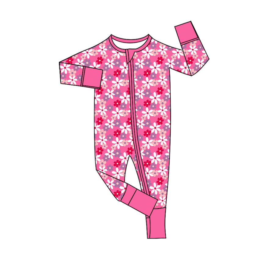 Preorder (moq 20)Baby Girls Bamboo Colorful Flowers Zipper Footie Rompers