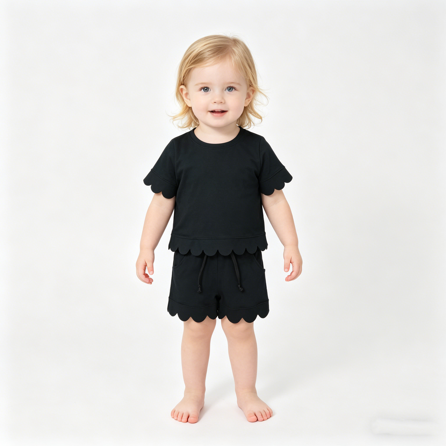 Mama and Me Girls Black Top Pockets Short Scallop Cotton Clothes Sets