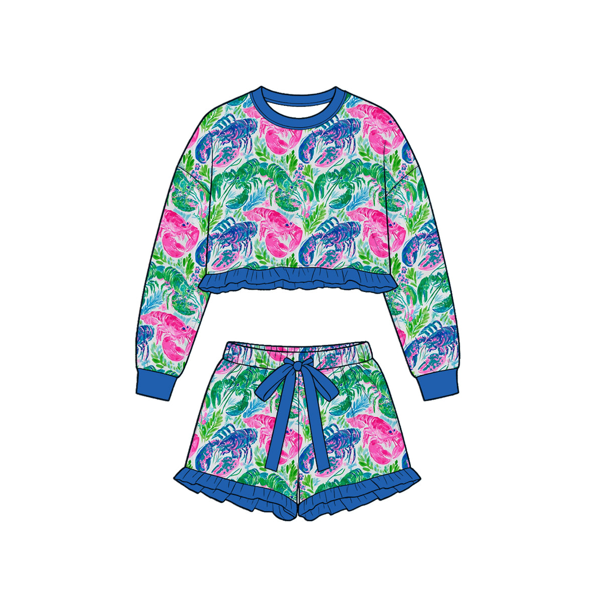 Preorder (moq 5) Baby Girl Clothes Multi Color Lobster Tropical Leaf Print Long Sleeve Ruffle Crop Top Bow Ruffle Shorts Set