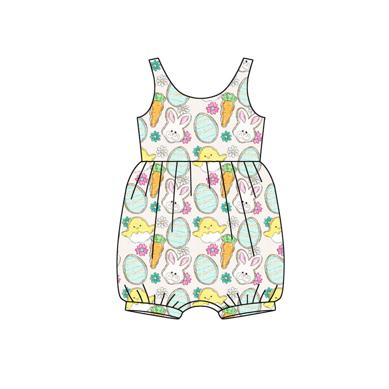 Preorder (moq 5)Baby Girls Sleeveless Rabbits Eggs Flowers Easter Ruffle Rompers